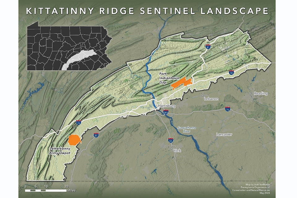 Map of Kittatinny Ridge Sentinel Landscape covering parts of Berks, Carbon, Cumberland, Dauphin, Franklin, Fulton, Lebanon, Lehi